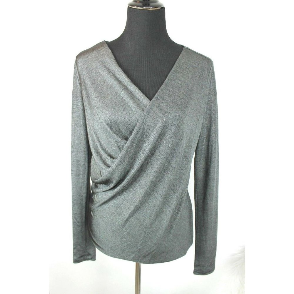 Heed Draped Front Knit Top size S Womens Dark Gray Silver Metallic Stretchy